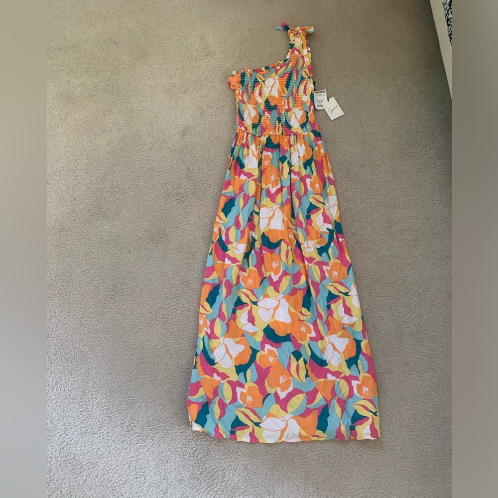 Tropical print one shoulder maxi dress